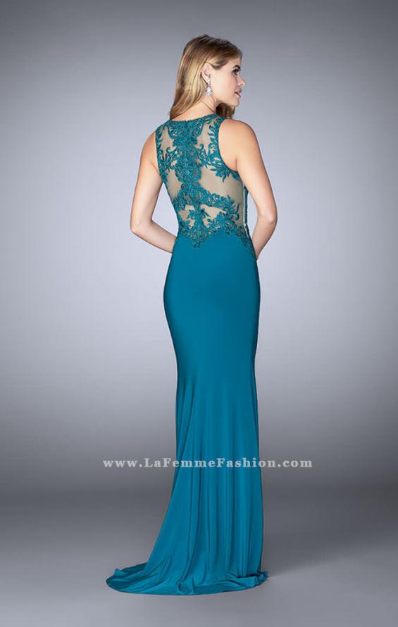 Picture of: High Neck Sheer Lace Prom Dress with Side Slit in Blue, Style: 24202, Back Picture