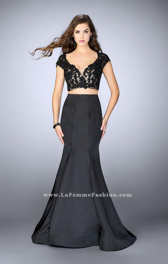 Picture of: Two Piece Mermaid Dress with Lace Top and Cap Sleeves in Black, Style: 24239, Detail Picture 1