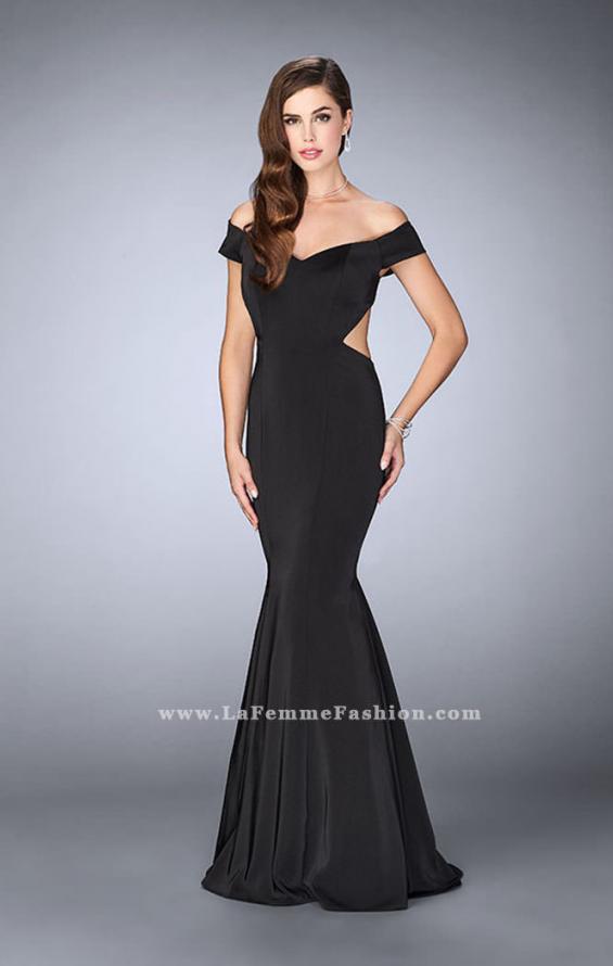 Picture of: Fitted Off the Shoulder Jersey Dress with Open Back in Black, Style: 24250, Detail Picture 1
