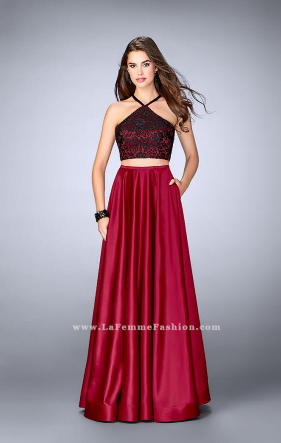 Picture of: Two Piece A-line Dress with Satin Skirt and Lace Top in Red, Style: 24264, Detail Picture 2