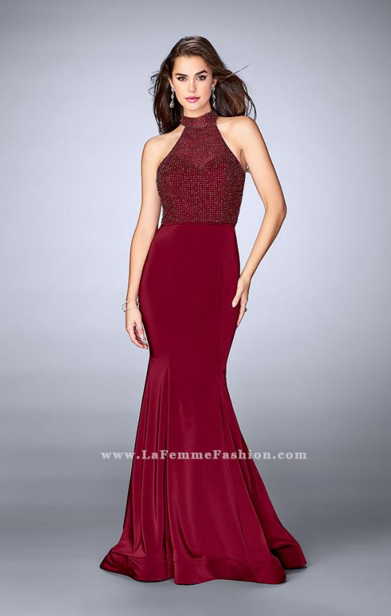 Picture of: Jersey Mermaid Gown with a High Neck Beaded Top in Red, Style: 24266, Detail Picture 1