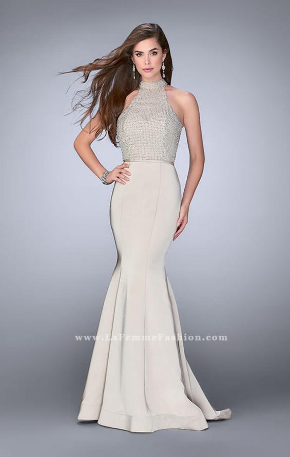 Picture of: Jersey Mermaid Gown with a High Neck Beaded Top in Nude, Style: 24266, Detail Picture 3