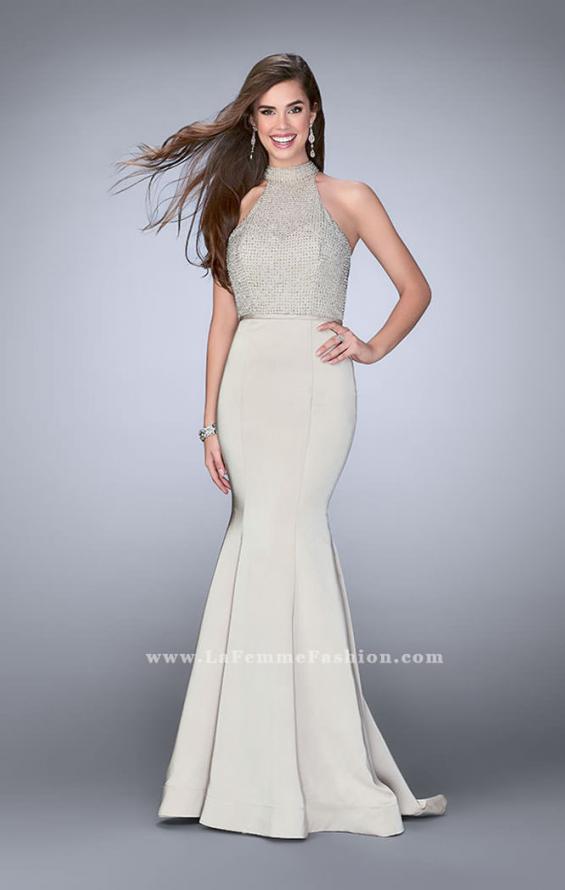 Picture of: Jersey Mermaid Gown with a High Neck Beaded Top in Nude, Style: 24266, Detail Picture 4