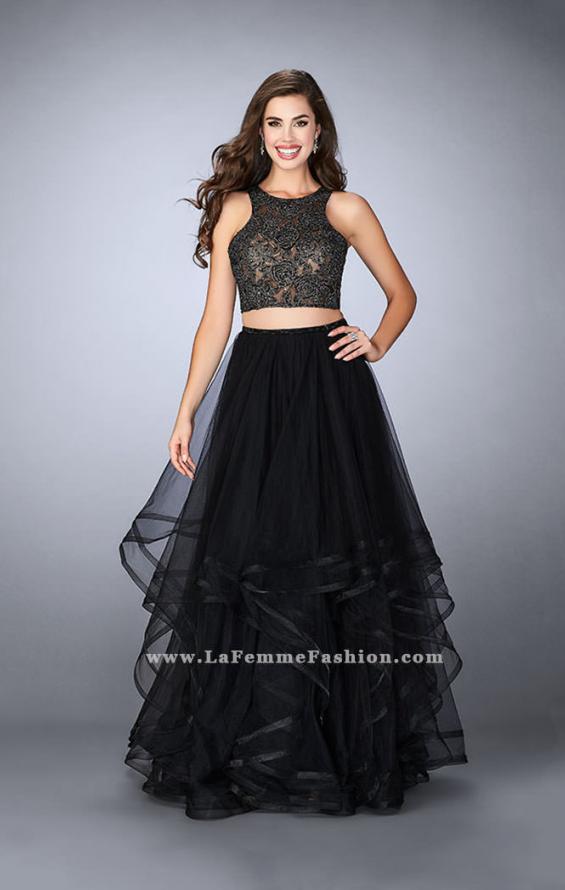 Picture of: Long Two Piece A-line Dress with Tiered Tulle Skirt in Black, Style: 24268, Detail Picture 1