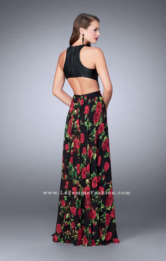 Picture of: Floral A-line Dress with Vegan Leather Top and Pockets in Print, Style: 24273, Back Picture