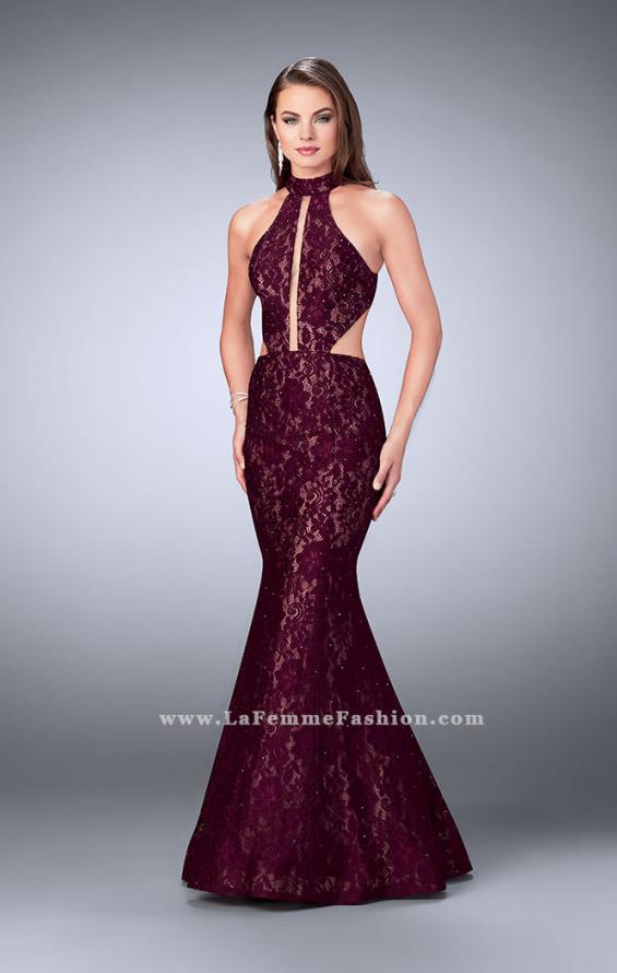 Picture of: Mermaid Lace Dress with Cut Outs and Open Back in Red, Style: 24303, Detail Picture 1