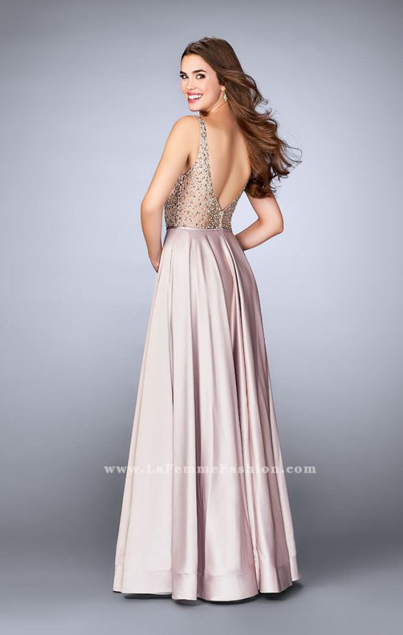 Picture of: Satin A-line Dress with Beaded Top and Deep V Neckline in Nude, Style: 24305, Back Picture