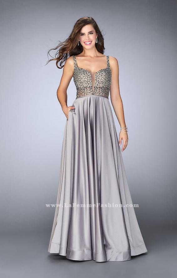 Picture of: Satin A-line Dress with Beaded Top and Deep V Neckline in Silver, Style: 24305, Detail Picture 1