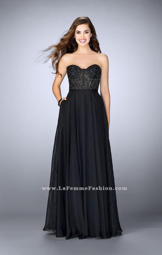 Picture of: Strapless A-line Prom Dress with Sheer Lace Bustier Top in Black, Style: 24318, Detail Picture 2