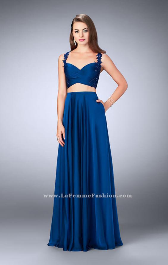 Picture of: Chiffon Two Piece A-line Dress with Sheer Lace Back in Blue, Style: 24340, Detail Picture 2