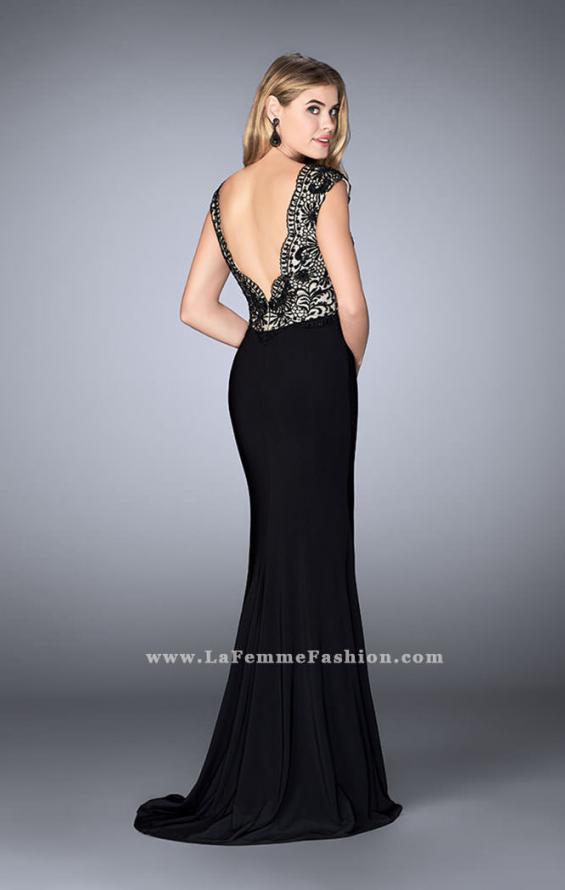Picture of: Long Cap Sleeved Prom Dress with Front Slit in Black, Style: 24406, Back Picture