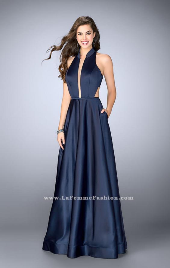 Picture of: Satin A-line Dress with Mandarin Collar and Pockets in Blue, Style: 24447, Detail Picture 1