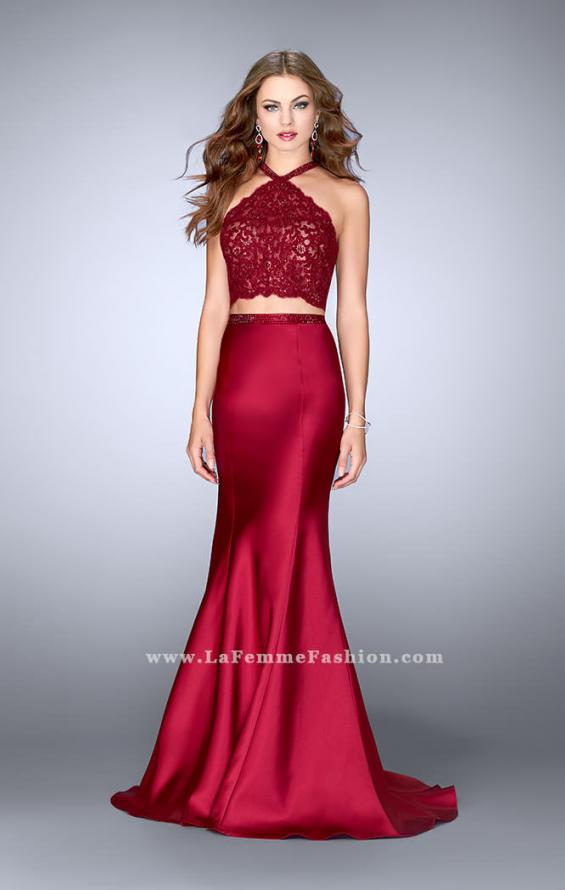 Picture of: Long Mermaid Prom Dress with a High Neck Lace Top in Red, Style: 24491, Detail Picture 1