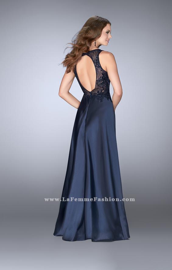 Picture of: Long Cape Prom Dress with Lace Top and V Neckline in Blue, Style: 24492, Back Picture