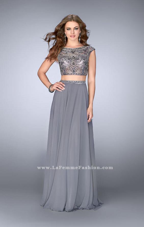 Picture of: A-line Prom Dress with Beaded Top and Cap Sleeves in Silver, Style: 24493, Main Picture
