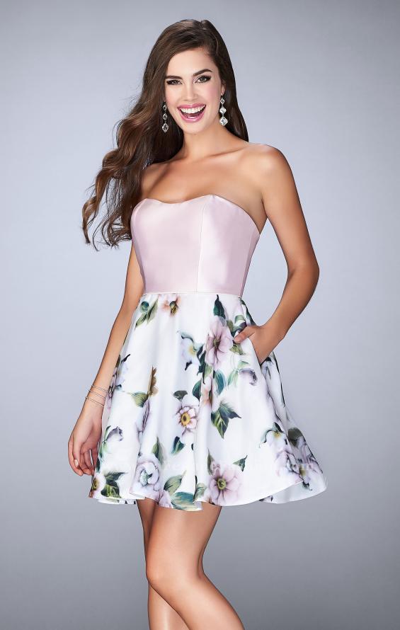 Picture of: Short Strapless Floral Dress with Open Back in Print, Style: 24506, Main Picture
