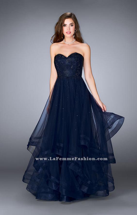 Picture of: Beaded A-line Prom Dress with a Tiered Tulle Skirt in Navy, Style: 24517, Detail Picture 2