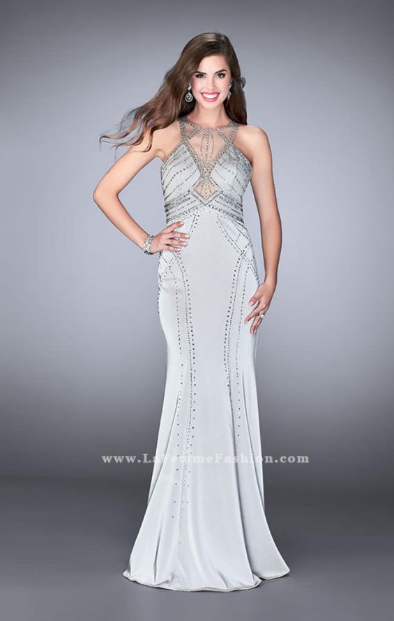 Picture of: Long Beaded Prom Dress with High Illusion Neckline in Silver, Style: 24557, Main Picture