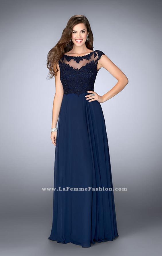 Picture of: A-line Chiffon Prom Dress with Illusion Lace Top in Blue, Style: 24572, Main Picture