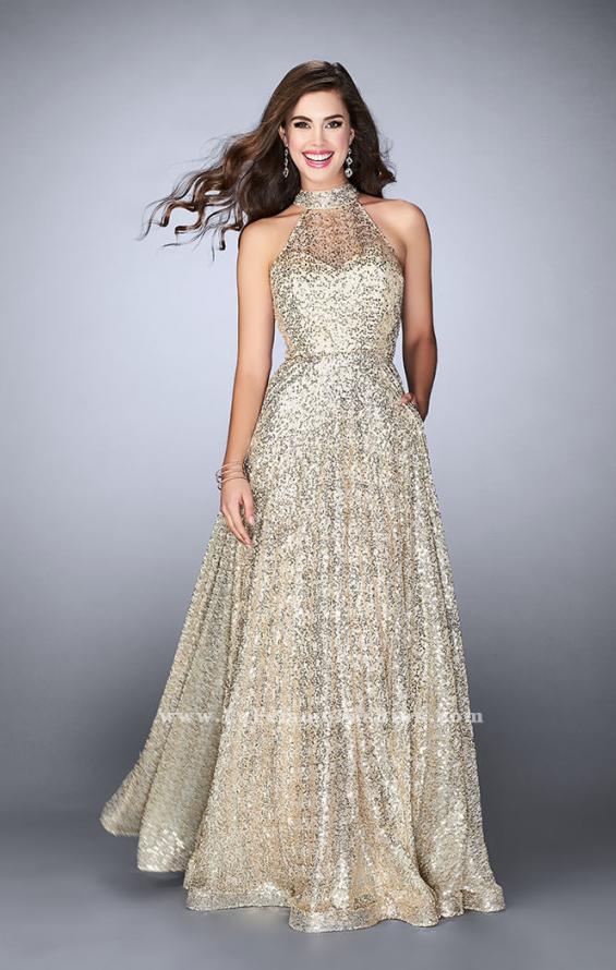 Picture of: Sequin A-line Gown with High Neck and Key Hole Back in Gold, Style: 24584, Main Picture