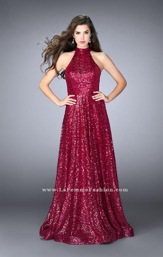 Picture of: Sequin A-line Gown with High Neck and Key Hole Back in Pink, Style: 24584, Detail Picture 1