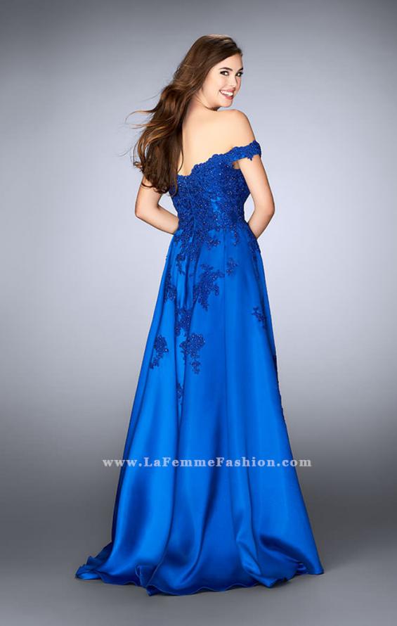 Picture of: Off the Shoulder Prom Gown with Mikado Skirt and Cape in Blue, Style: 24647, Back Picture