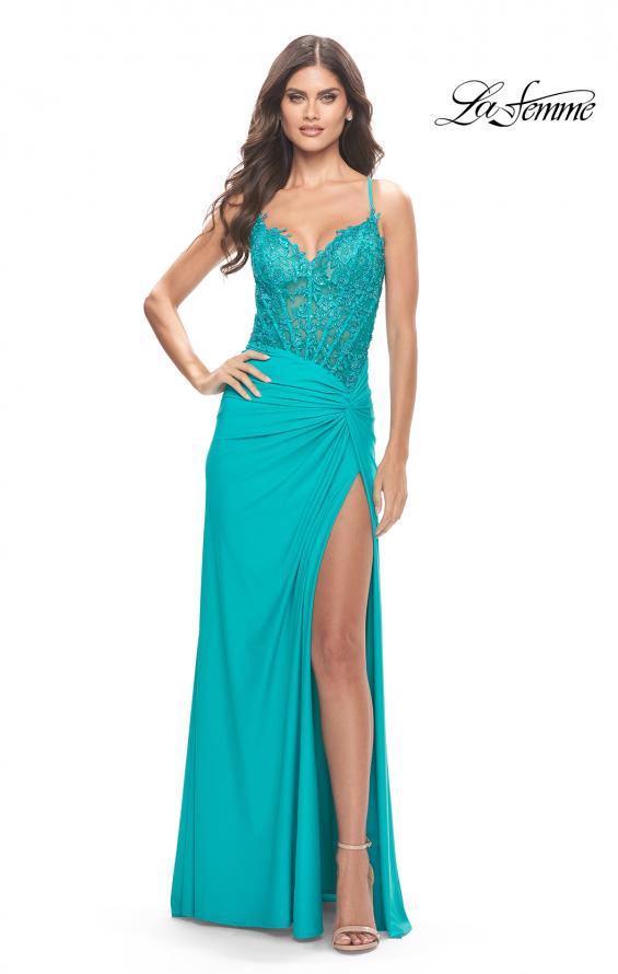 Picture of: Lace Asymmetrical Gown with Jersey Skirt and Twist Knot Detail in Neon in Aqua, Style: 31447, Main Picture