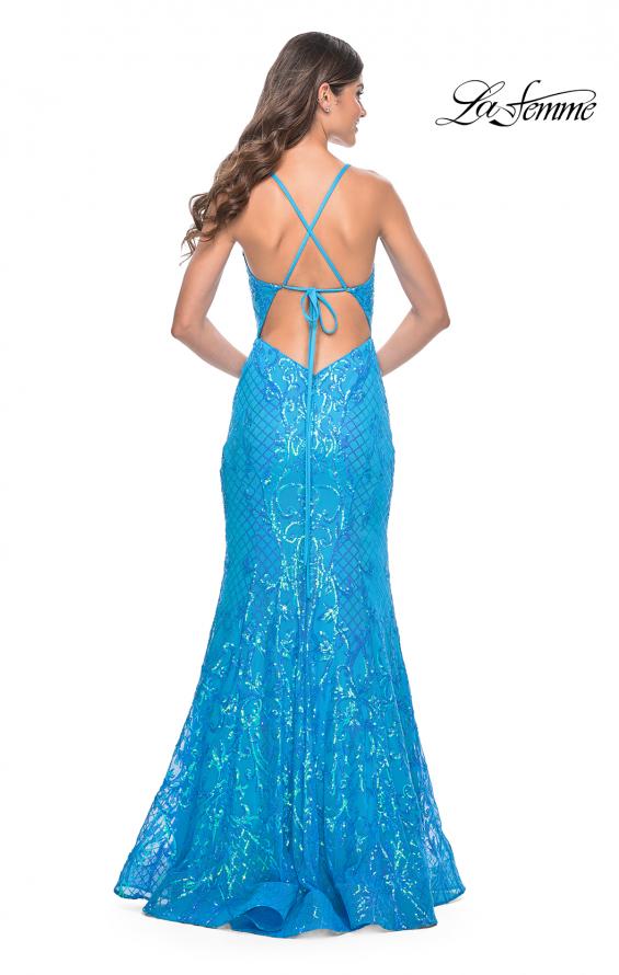 Picture of: Neon Mermaid Print Sequin Dress with Lace Up Open Back in Aqua, Style: 32337, Detail Picture 8