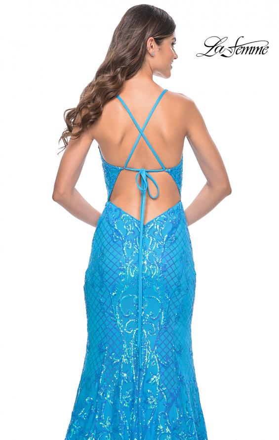 Picture of: Neon Mermaid Print Sequin Dress with Lace Up Open Back in Aqua, Style: 32337, Detail Picture 9