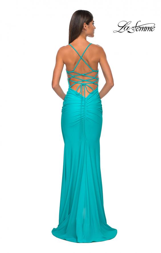 Picture of: Neon Ruched Jersey Dress with Rhinestone Mesh Draped Top in Aqua, Style: 32320, Detail Picture 14