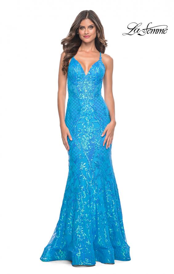 Picture of: Neon Mermaid Print Sequin Dress with Lace Up Open Back in Aqua, Style: 32337, Detail Picture 1