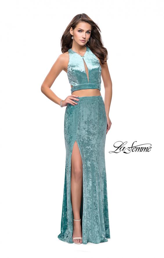 Picture of: Long Velvet Prom Dress with Crop Top and Leg Slit in Aqua, Style: 25500, Detail Picture 3
