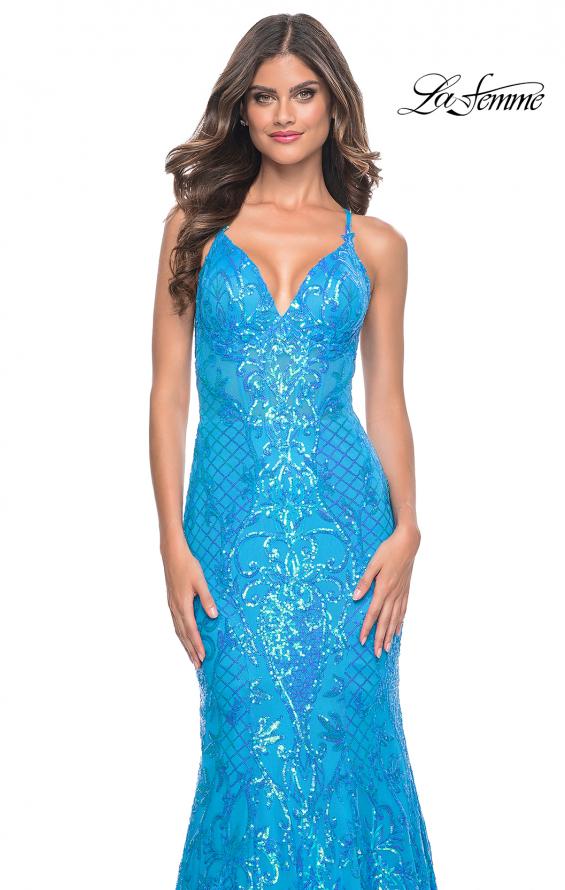 Picture of: Neon Mermaid Print Sequin Dress with Lace Up Open Back in Aqua, Style: 32337, Detail Picture 7