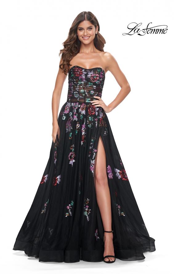 Picture of: A-Line Prom Gown with Multi Color Lace Sequin Applique in Black, Style: 32072, Detail Picture 8