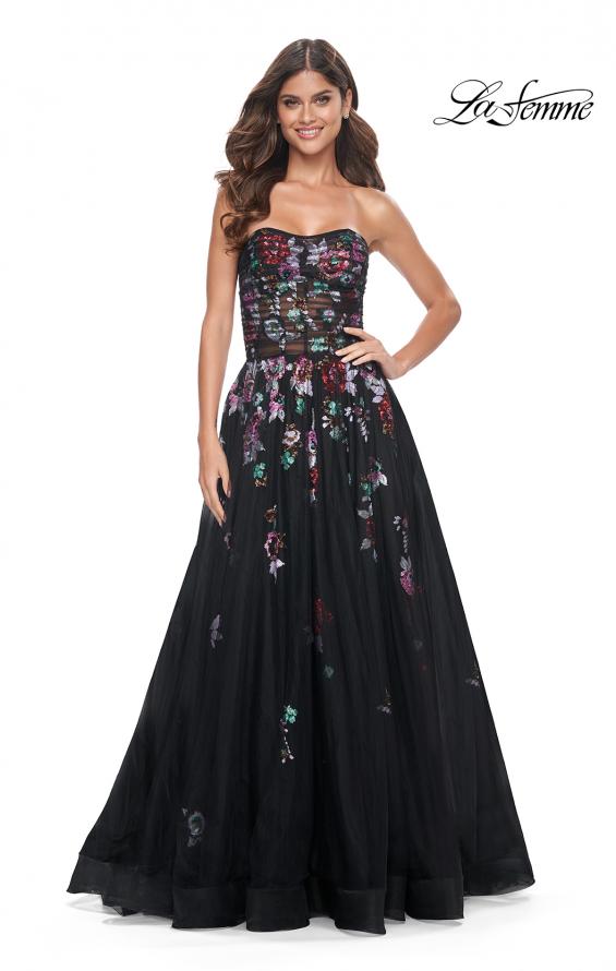 Picture of: A-Line Prom Gown with Multi Color Lace Sequin Applique in Black, Style: 32072, Detail Picture 9