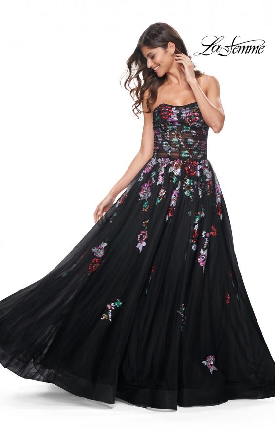 Picture of: A-Line Prom Gown with Multi Color Lace Sequin Applique in Black, Style: 32072, Detail Picture 4