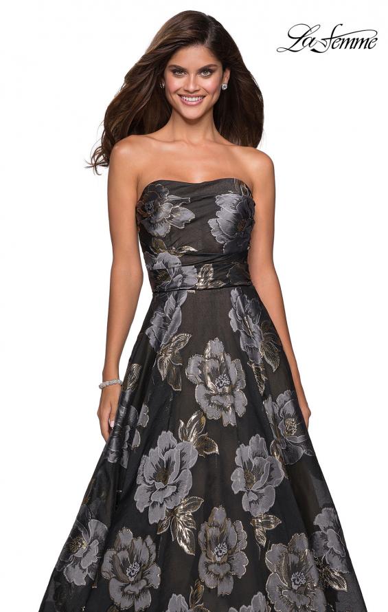 Picture of: Strapless Floral A Line Ball Gown with Pockets in Black Gold, Style: 27207, Detail Picture 1