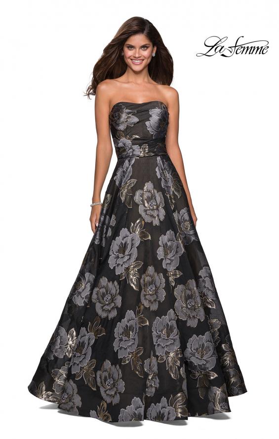 Picture of: Strapless Floral A Line Ball Gown with Pockets in Black Gold, Style: 27207, Detail Picture 3