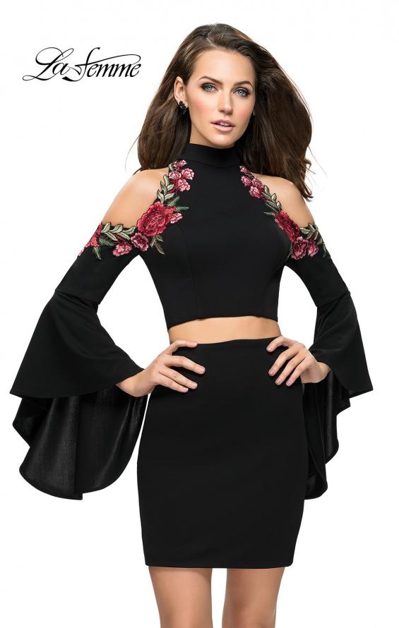 Picture of: Floral Two Piece Jersey Mini Bell Sleeve Dress in Black, Style: 26606, Main Picture