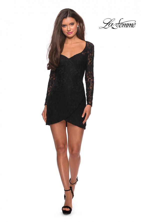 Picture of: Long Sleeve Lace Short Dress with Sheer Back Detail in Black, Style: 28232, Detail Picture 8
