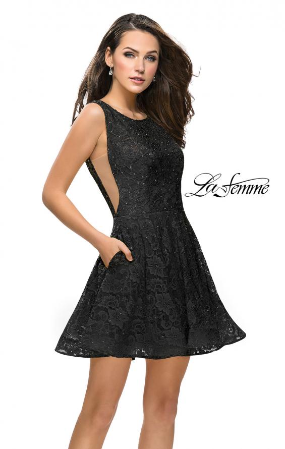 Picture of: Lace Short Dress with Rhinestones and Pockets in Black, Style: 26616