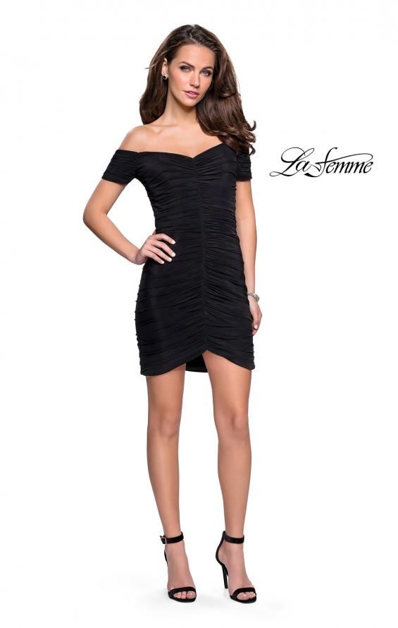 Picture of: Off the Shoulder Little Black Dress with Ruching in Black, Style: 26742, Detail Picture 1