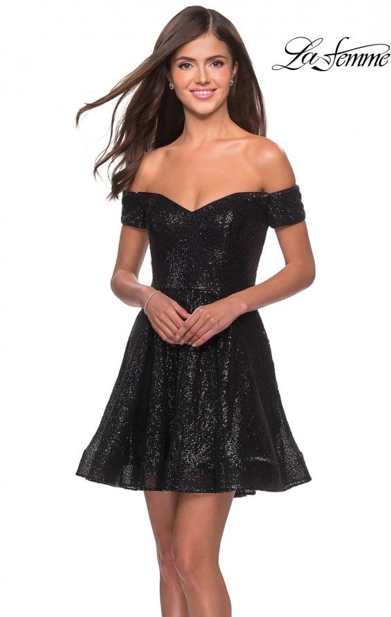 Picture of: Sequin Off The Shoulder Short Homecoming Dress in Black, Style: 28155, Detail Picture 1