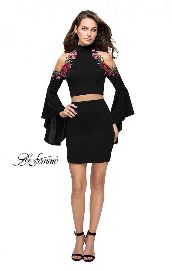Picture of: Floral Two Piece Jersey Mini Bell Sleeve Dress in Black, Style: 26606, Detail Picture 2