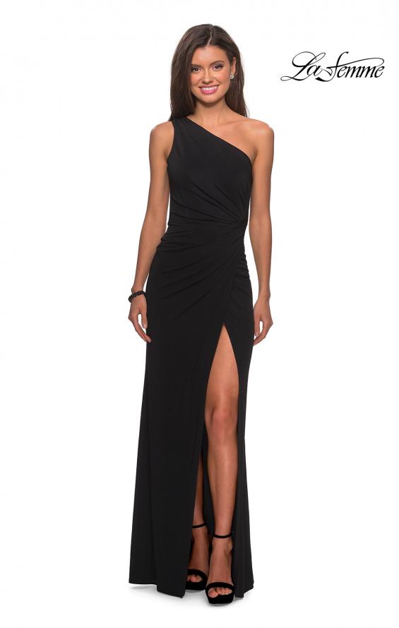 Picture of: One Shoulder Dress with Ruching and Leg Slit in Black, Style: 28135, Detail Picture 2