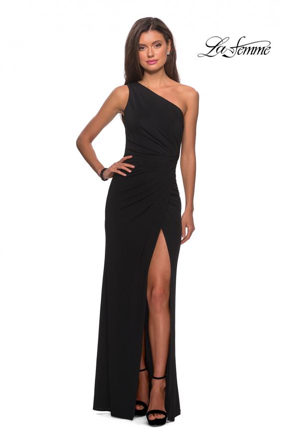 Picture of: One Shoulder Dress with Ruching and Leg Slit in Black, Style: 28135, Detail Picture 5
