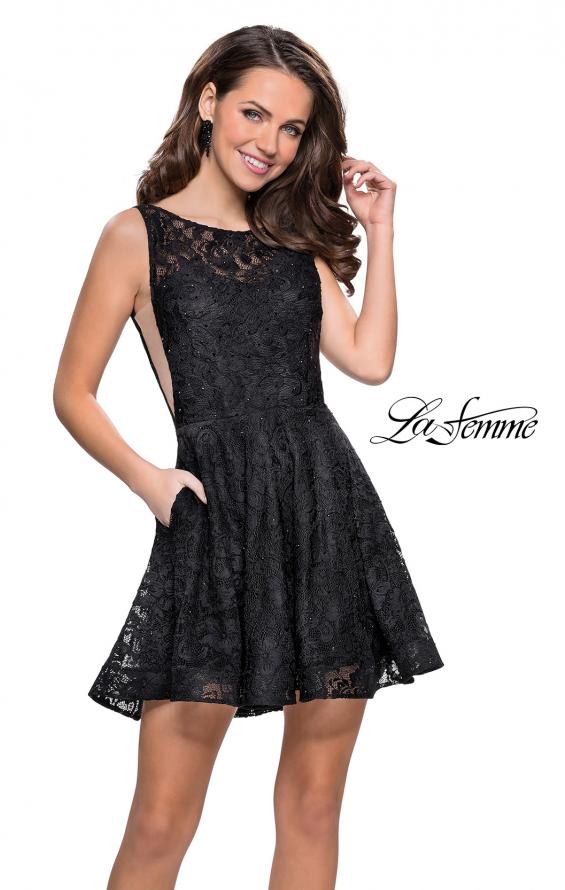 Picture of: Lace Short Dress with Rhinestones and Pockets in Black, Style: 26616, Detail Picture 7