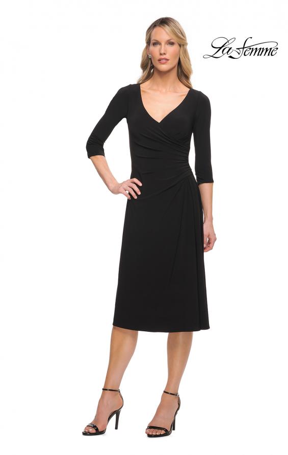 Picture of: Chic Tea Length Jersey Dress with Ruching in Black, Style: 30069, Detail Picture 9