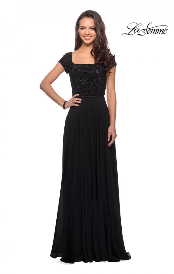 Picture of: Short Sleeve Long Gown with Beaded Bodice in Black, Style: 26512, Detail Picture 1