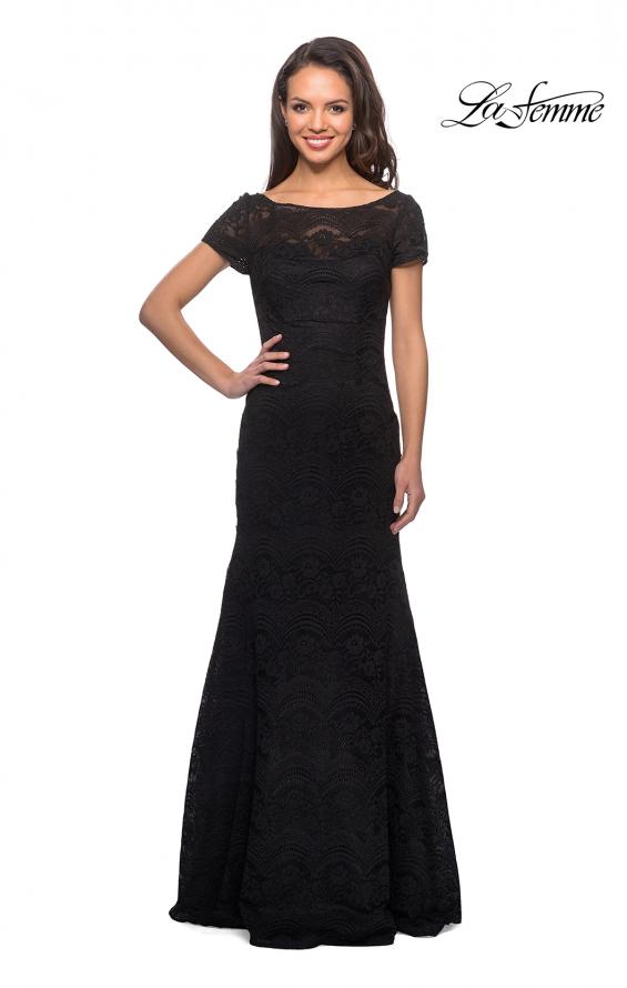 Picture of: Floor Length Lace Gown with Short Sleeves in Black, Style: 26875, Detail Picture 1